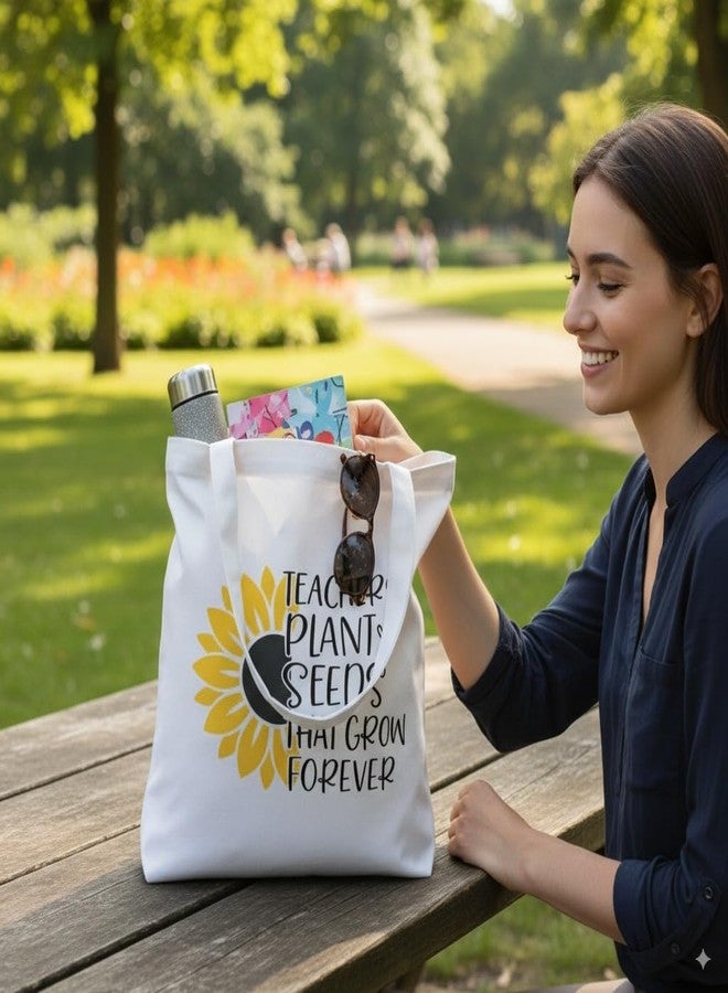 Hubops حقيبة تسوق للمعلمين من قماش البوليستر من هوبوبس - حقيبة تسوق وهدايا قابلة لإعادة الاستخدام وصديقة للبيئة للمعلمين - حقيبة أنيقة مطبوعة عليها عبارة تقدير للمعلمين (HUB-TOTE-TEACHER-SUNFLOWER-001) - Image 2